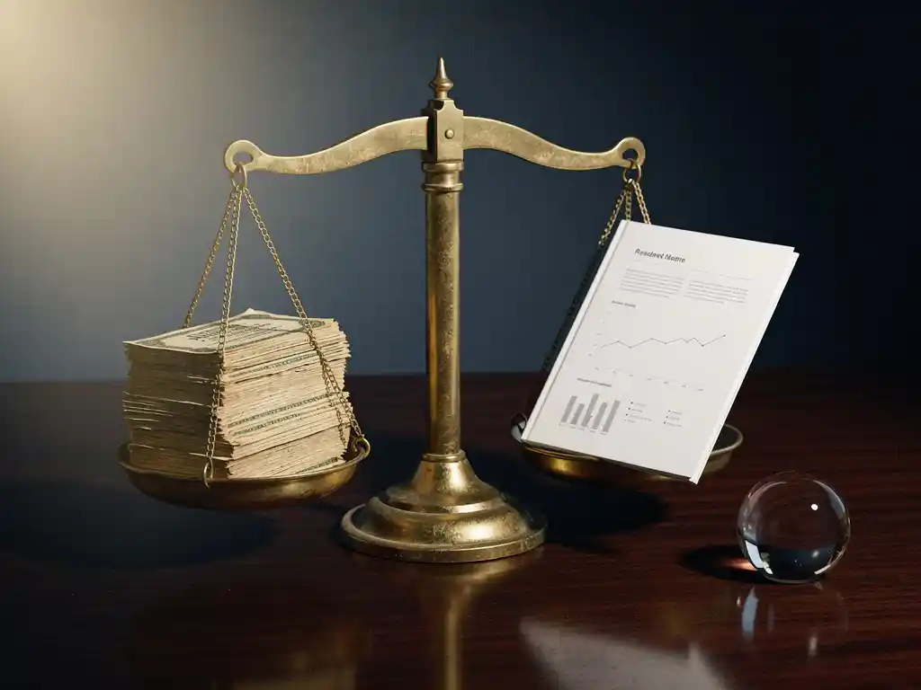 Verouderde messing balansschaal met obligatiecertificaten en modern financieel rapport op mahonie bureau, goud en marineblauw licht.
