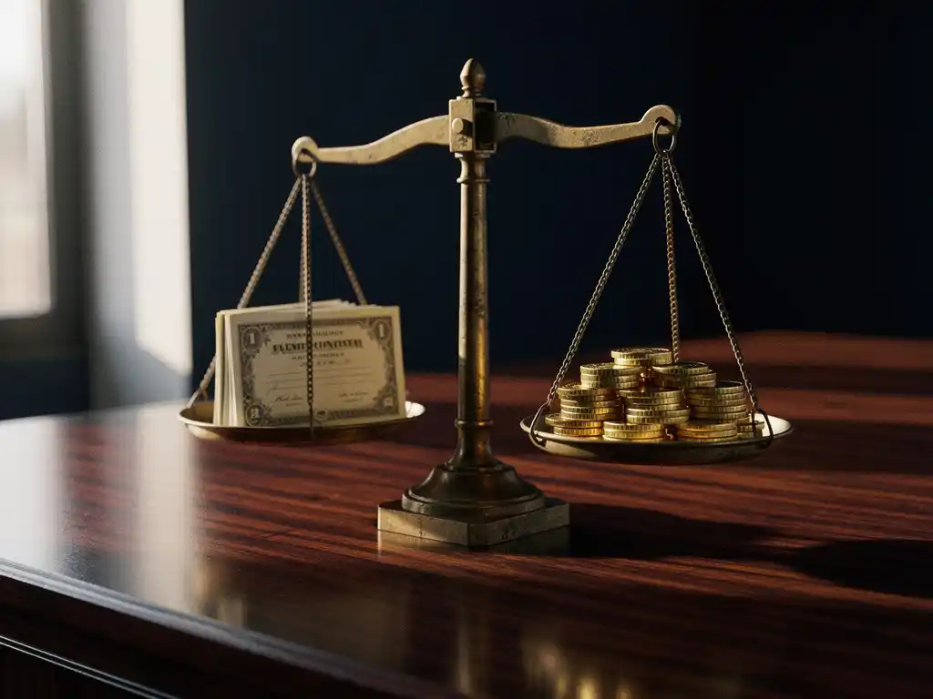 Verouderde messing balansweegschaal op walnoothouten bureau met obligaties en gouden munten in zacht ochtendlicht.