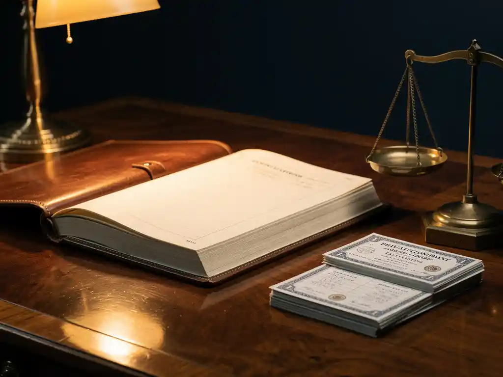 Opengeslagen leren belastingboek op mahonie bureau naast aandelencertificaten en messing weegschaal, warm amberkleurig licht.