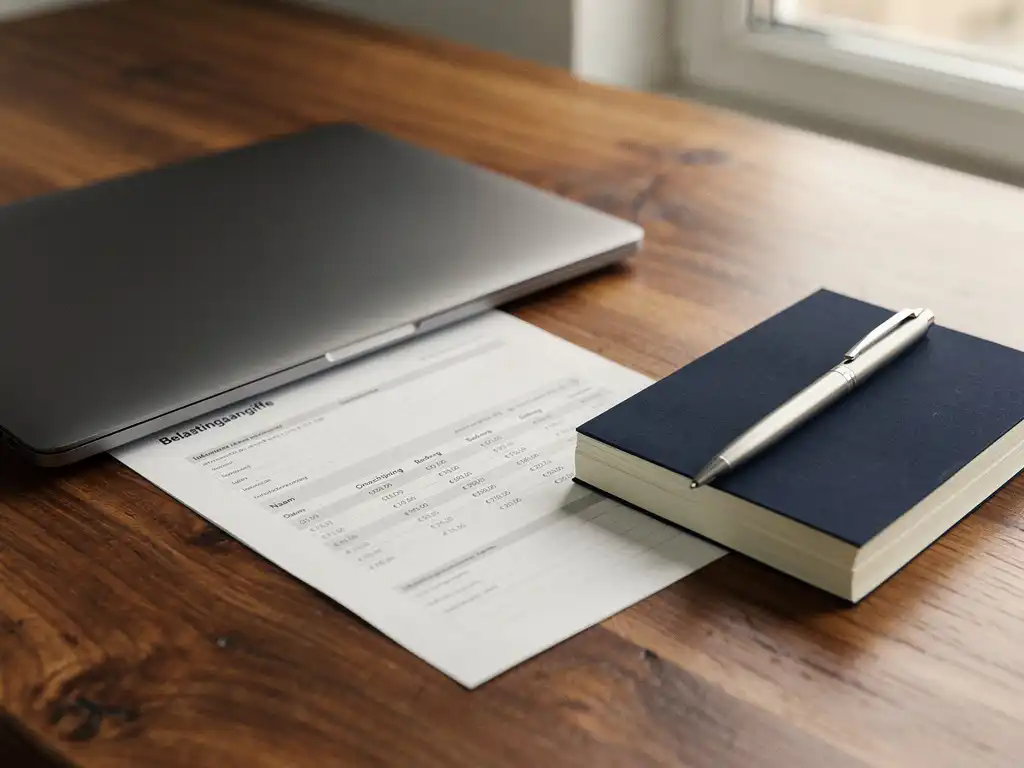 Nederlandse belastingaangifte op een eikenhouten bureau naast financiële documenten, transactieoverzicht en zilveren pen, gedeeltelijk onder laptop.