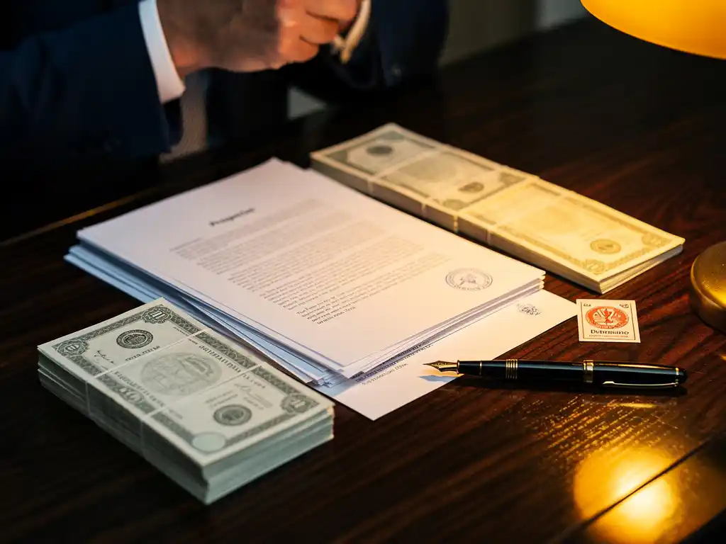 Ervaren belegger bestudeert financieel prospectus aan walnoten bureau met obligatiecertificaten, regelgevingsstempel en vulpen in warm amberkleurig licht.