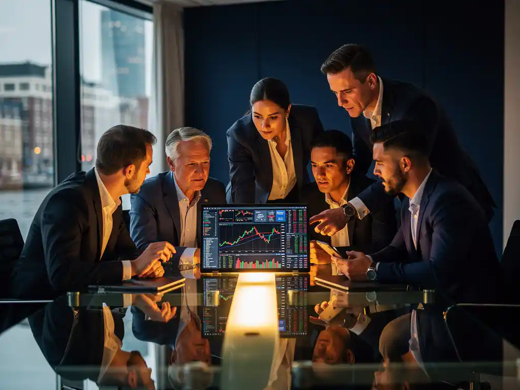 Diverse professionals rond een verlicht handelsterminal in een modern Nederlands financieel kantoor, met grafieken en beleggingsdata op het glazen bureau.