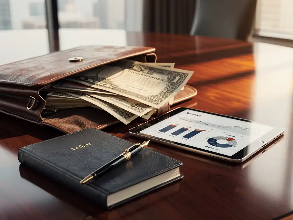 Versleten leren aktetas op mahonie vergadertafel met vintage aandelencertificaten, tablet met financiële grafieken en vulpen op leren grootboek.