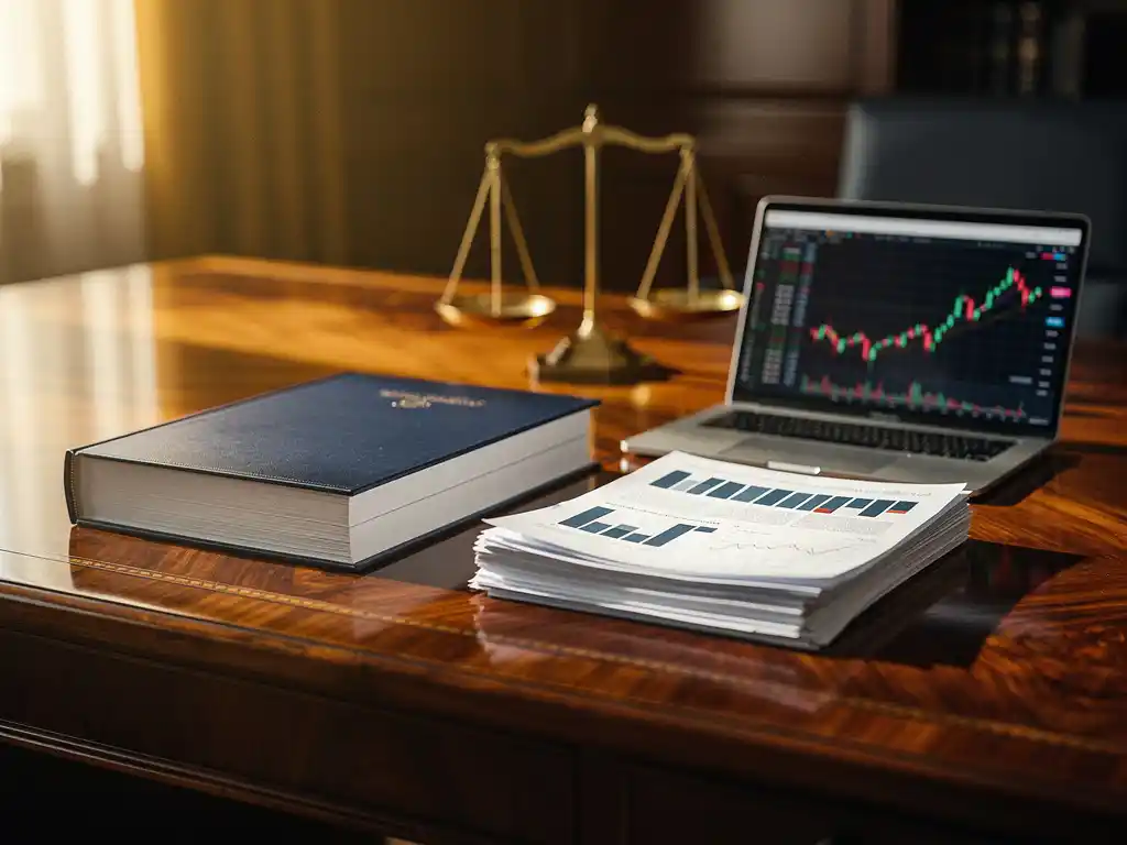 Mahonie handelsbureau met gebonden prospectus naast laptop met candlestickgrafieken, vintage messing weegschaal op achtergrond, warm amberkleurig licht.