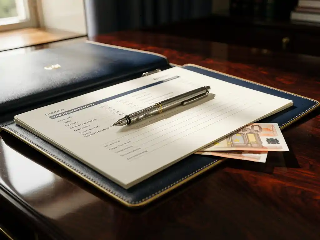 Opengeslagen leren portfolio met beleggingsoverzicht, mechanisch potlood en eurobiljetten op een gepolijst walnoten bureau.