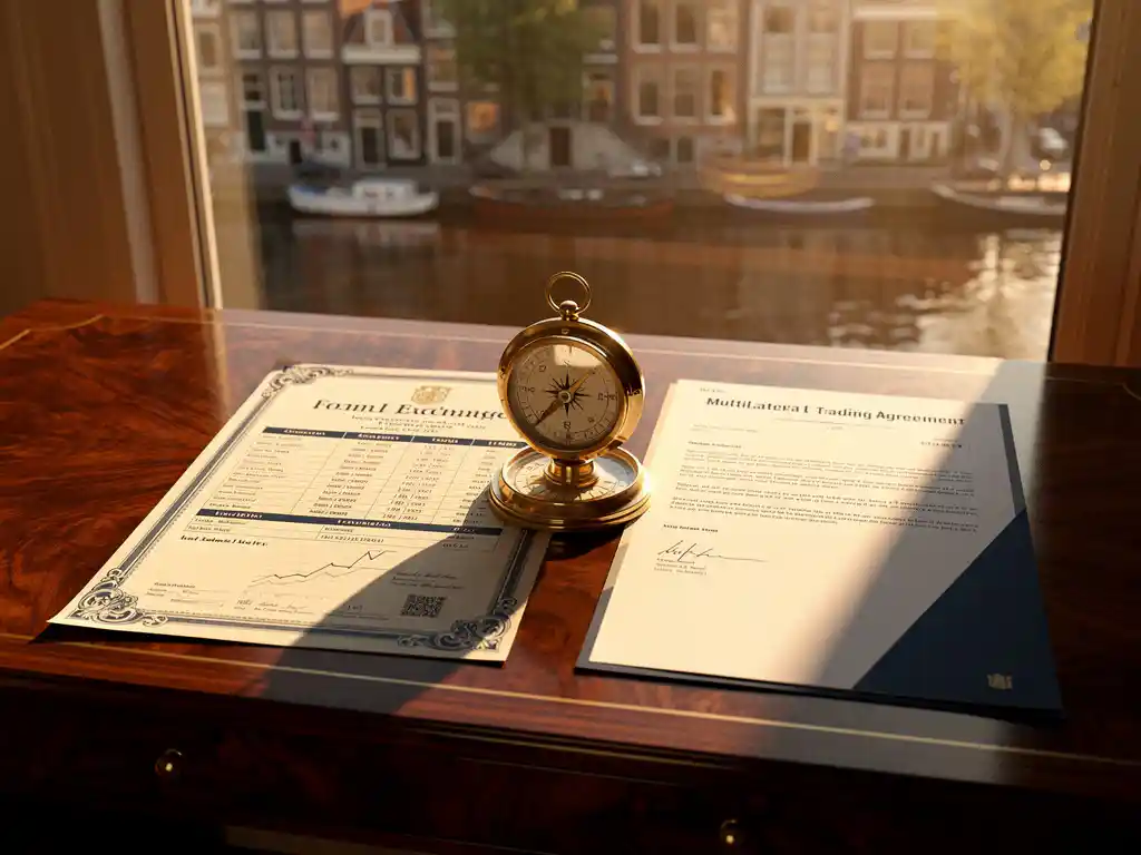 Mahonie handelsbureau met beursnoteringscertificaat en multilaterale handelsovereenkomst, verzwaard door een messing kompas, Amsterdams grachtzicht op achtergrond.
