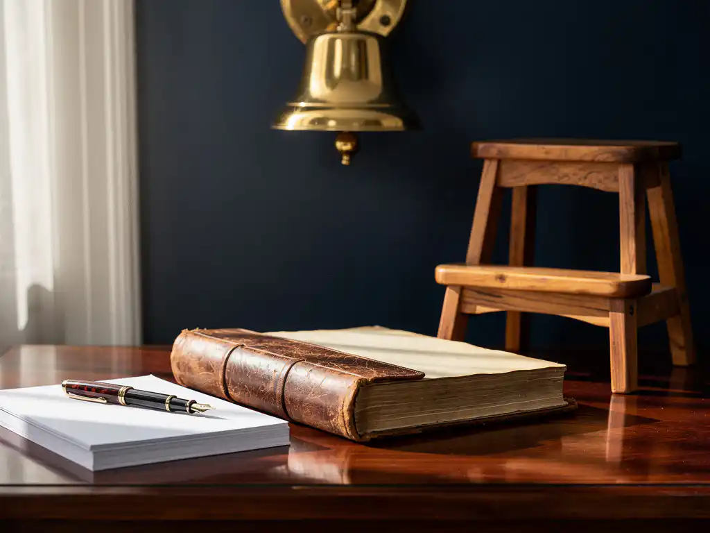 Opengeslagen leren grootboek op mahonie bureau met houten opstapje naar glanzende messing beursbel aan de muur.