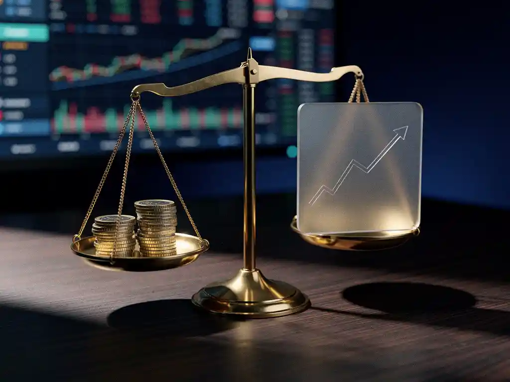 Messing weegschaal op donker eiken bureau met euromunten en stijgende grafiek op glas, financiële trading terminal op achtergrond.