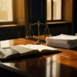 Versleten leren grootboek op mahonie bureau naast bronzen weegschaal met twee stapels financiële documenten, warm middaglicht.