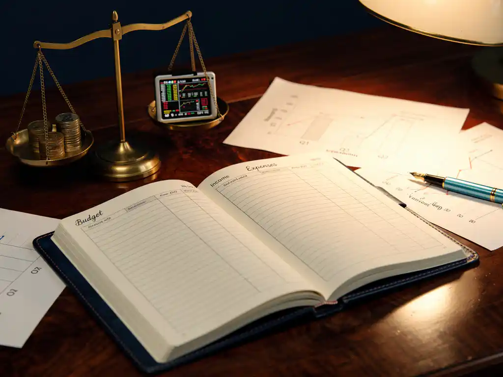 Leren budgetboek op mahonie bureau met messing weegschaal die euromunten en handelsmodel balanceert, financiële grafieken op de achtergrond.