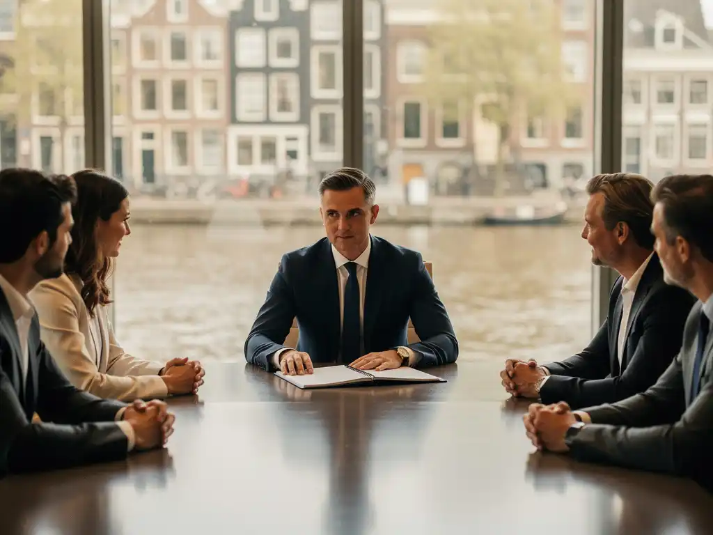 CFO presenteert gebonden voorstel aan collega's in Amsterdamse boardroom met uitzicht op grachten.