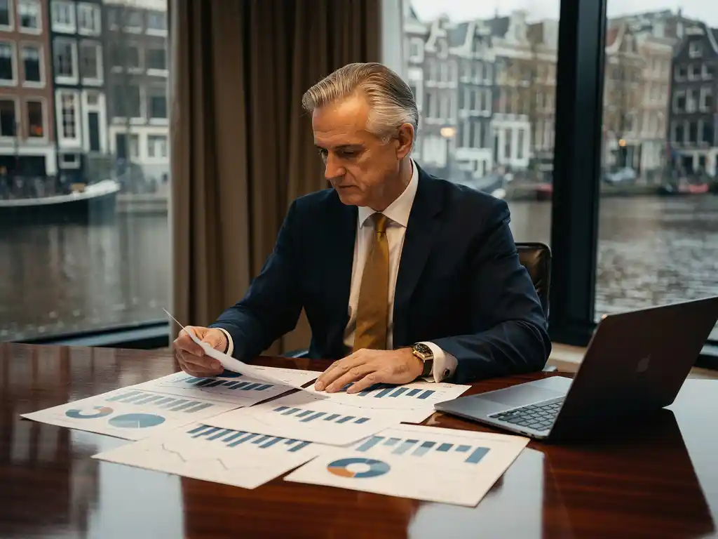 Senior executive in maatpak bestudeert financiële grafieken op mahonie vergadertafel met laptop, Amsterdamse grachten op de achtergrond.