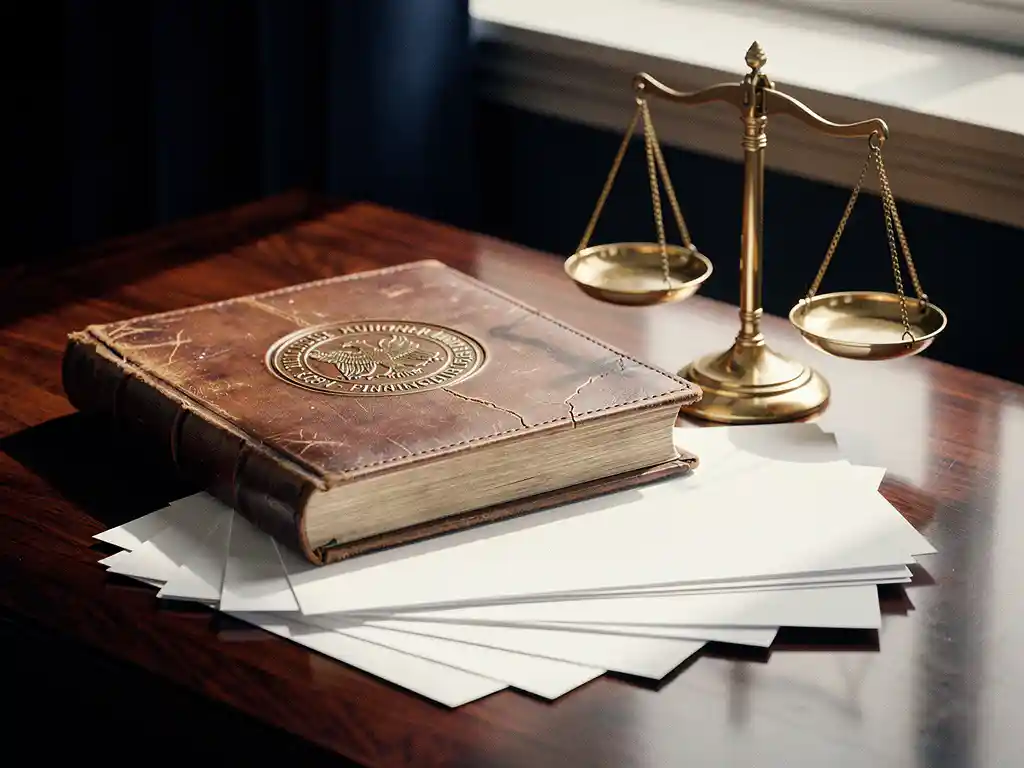 Versleten leren dossier met officieel Nederlands financieel zegel, opengeslagen op mahonie bureau naast een messing weegschaal van justitie.