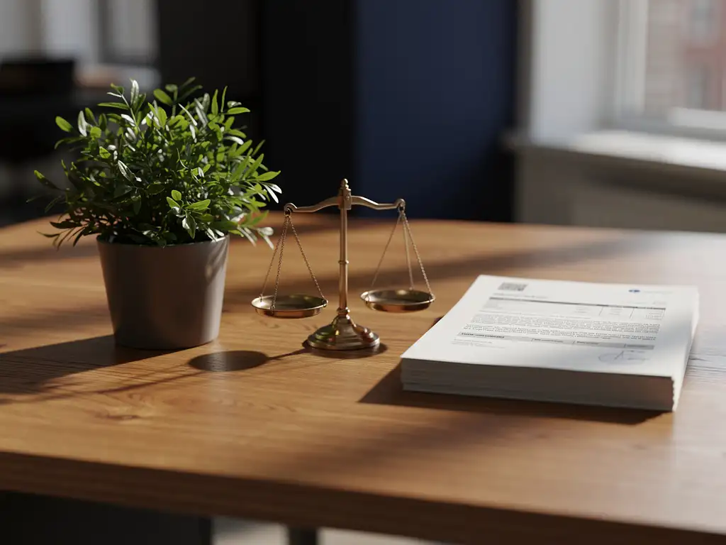 Gepolijst eiken bureau met groene plant, gestapelde financiële documenten en een perfect uitgebalanceerde bronzen weegschaal in zacht natuurlijk licht.