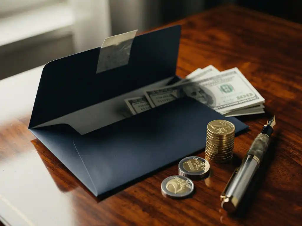 Geopende officiële envelop op mahonie bureau met gevouwen financiële certificaten, euromunten en vulpen in warm goudlicht.