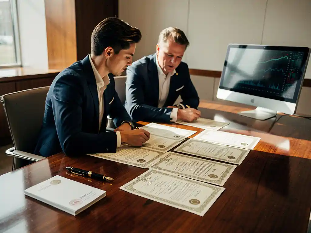 Twee financiële professionals bekijken effectencertificaten op een mahonie bureau met een handelsscherm en vulpen op de achtergrond.