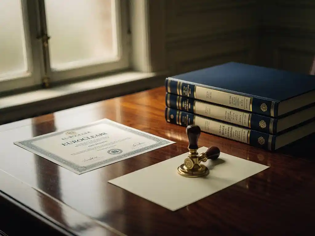 Euroclear-bureau met officieel certificaat, financiële afwikkelingsboeken en messing zegelstempel op crèmekleurig papier.
