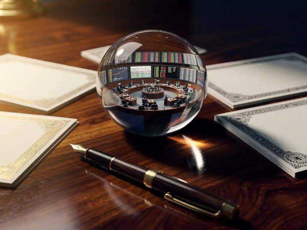Glazen bol op mahonie bureau reflecteert handelsvloer, omringd door aandelencertificaten en vulpen in marineblauw en goud.