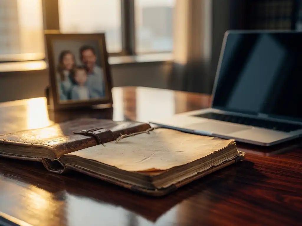 Verouderd leren familieboek opengeslagen naast laptop op mahonie bureau, warme middaglichtinval, onscherp familieportret op achtergrond.