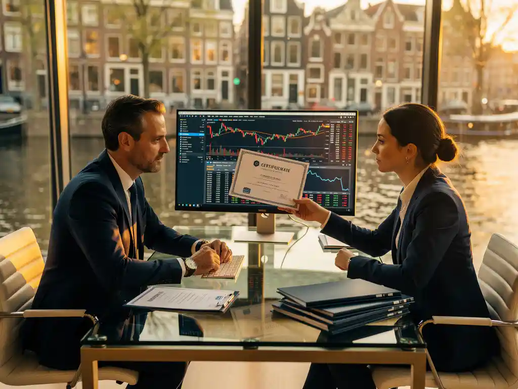 Financieel adviseur en certificaathouder bekijken handelsdashboard aan glazen bureau in modern Amsterdams kantoor met grachtzicht.