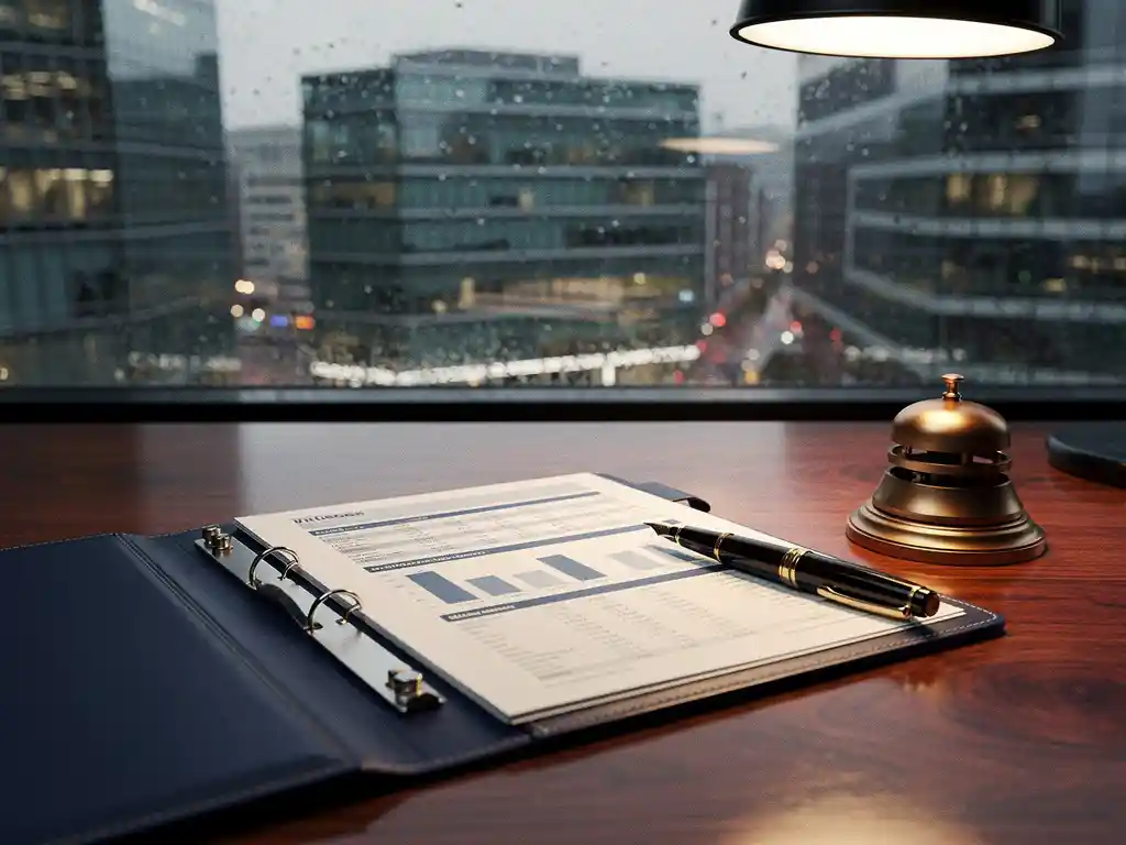 Opengevouwen leren dossiermap op mahonihouten bureau met financiële documenten, vulpen en bronzen bel, Nederlands financieel district op achtergrond.