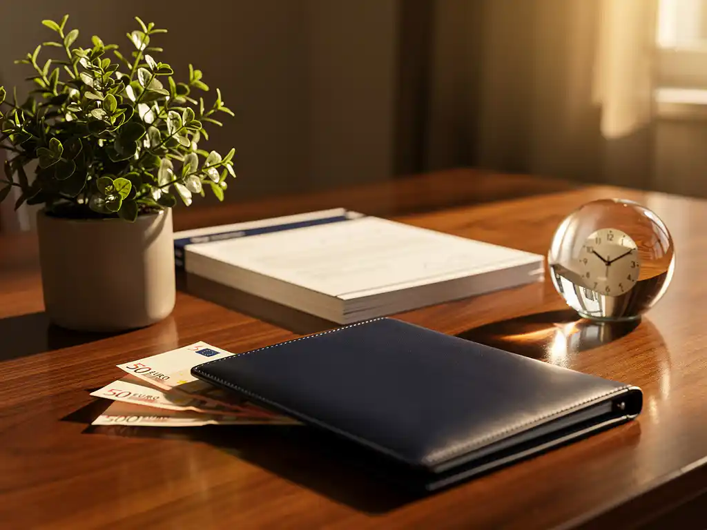 Houten bureau met eurobiljetten, financieel rapport, groene plant en glazen presse-papier in warm goudkleurig middaglicht.