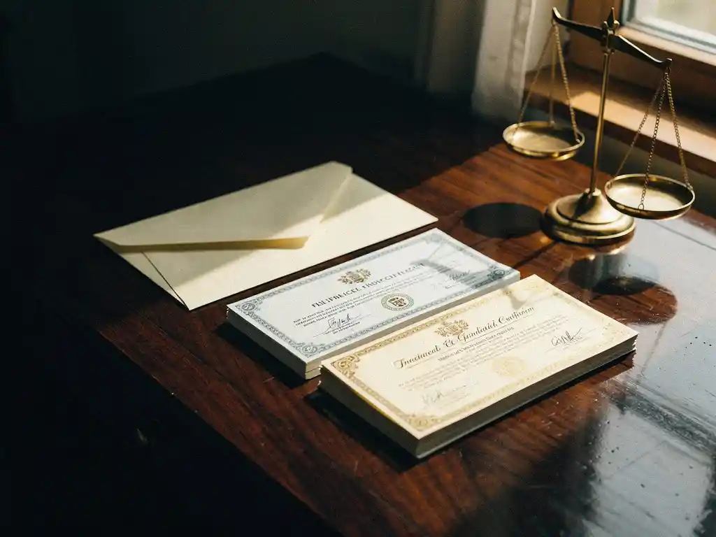 Verzegelde envelop en officiële financiële certificaten op donker eiken bureau met bronzen weegschaal in warm licht.