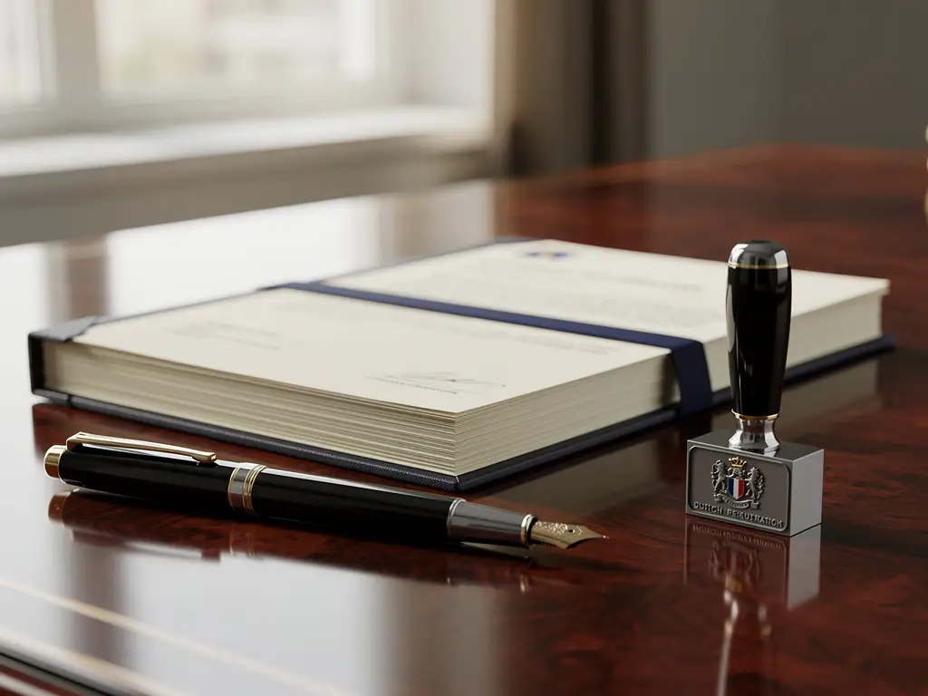 Officiële financiële nalevingsdocumenten gebonden met marineblauw lint op mahonihouten bureau, naast vulpen en Nederlands regelgevingszegel.
