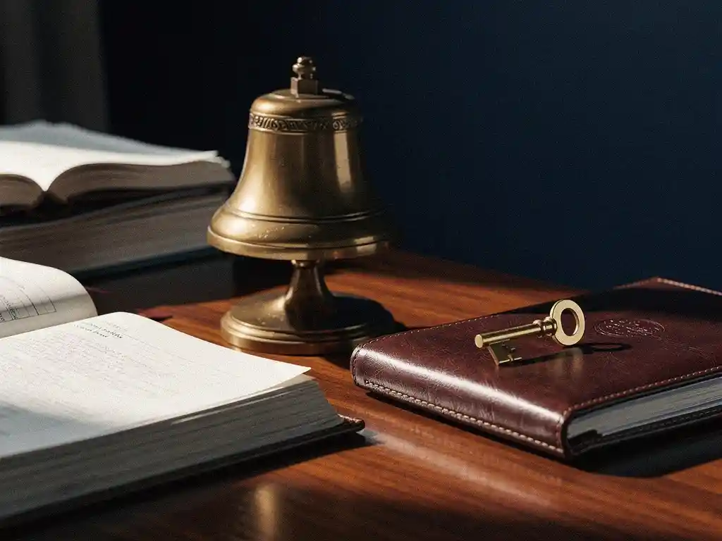 Bronzen handelsbel op mahonie bureau, geflankeerd door open grootboeken en een vergrendelde sleutel op gesloten portfolio.