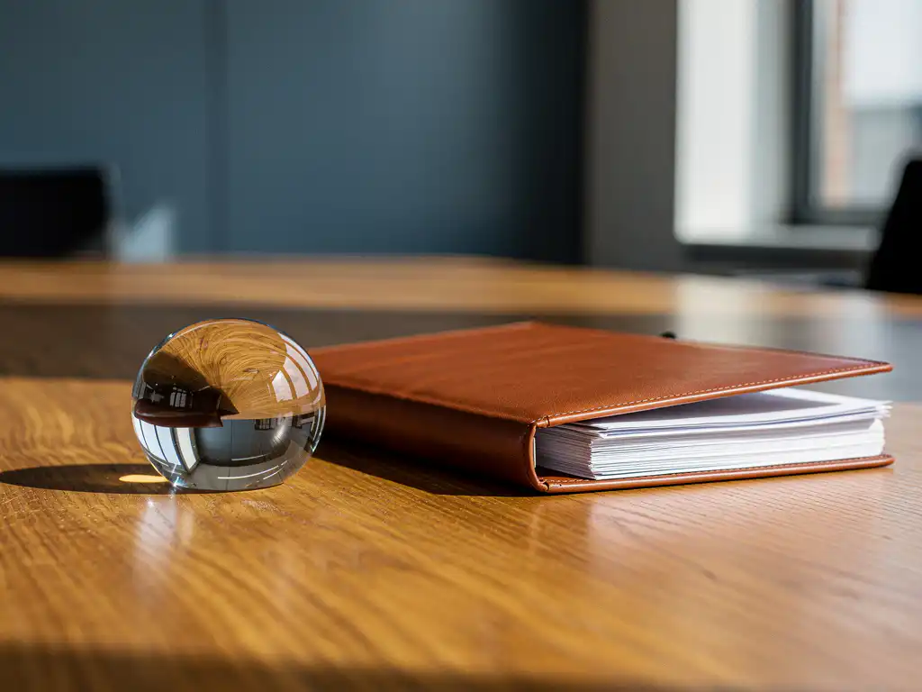 Leren portfolio en glazen presse-papier op eikenhouten vergadertafel, met documenten en reflectie van Amsterdams financieel district.
