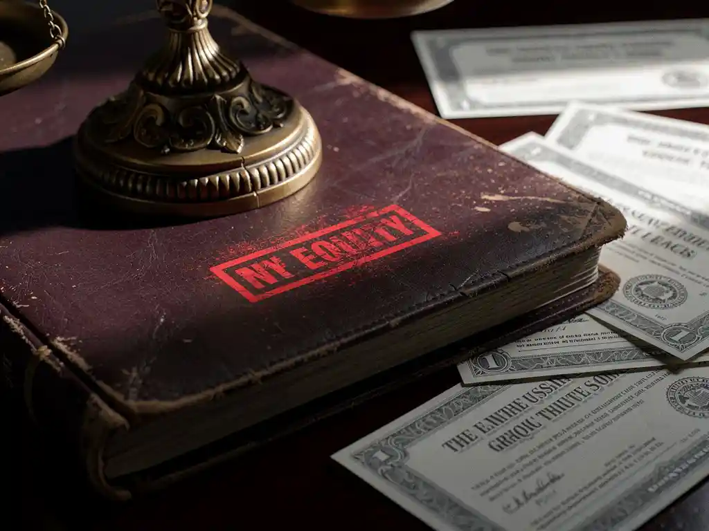 Versleten leren juridisch document onder bronzen weegschaal van justitie, met rood 'REJECTED'-stempel op financiële papieren en aandelencertificaten op mahonie bureau.