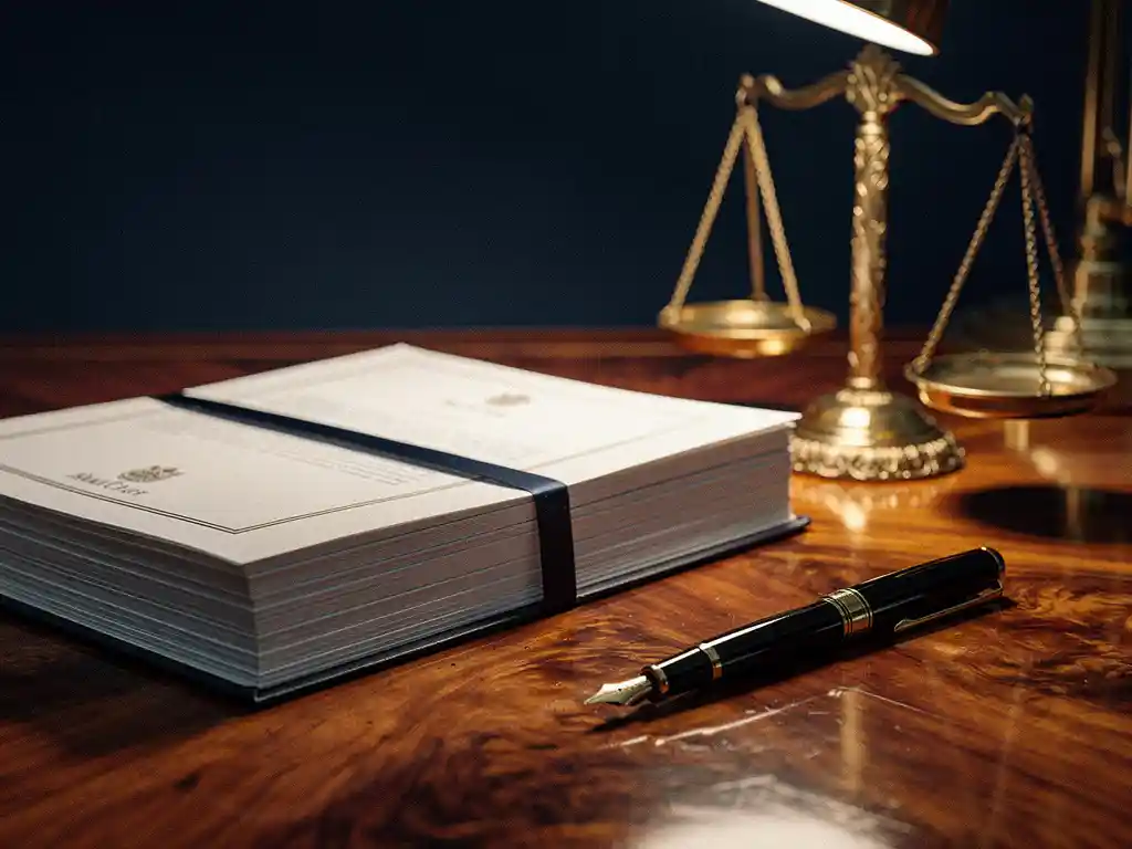 Stapel officiële juridische documenten gebonden met lint op mahonie bureau, naast een messing weegschaal en vulpen.