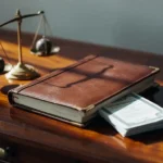 Opengeslagen leren grootboek op mahonie bureau met aandelencertificaten en vintage messing weegschaal in zacht natuurlijk licht.