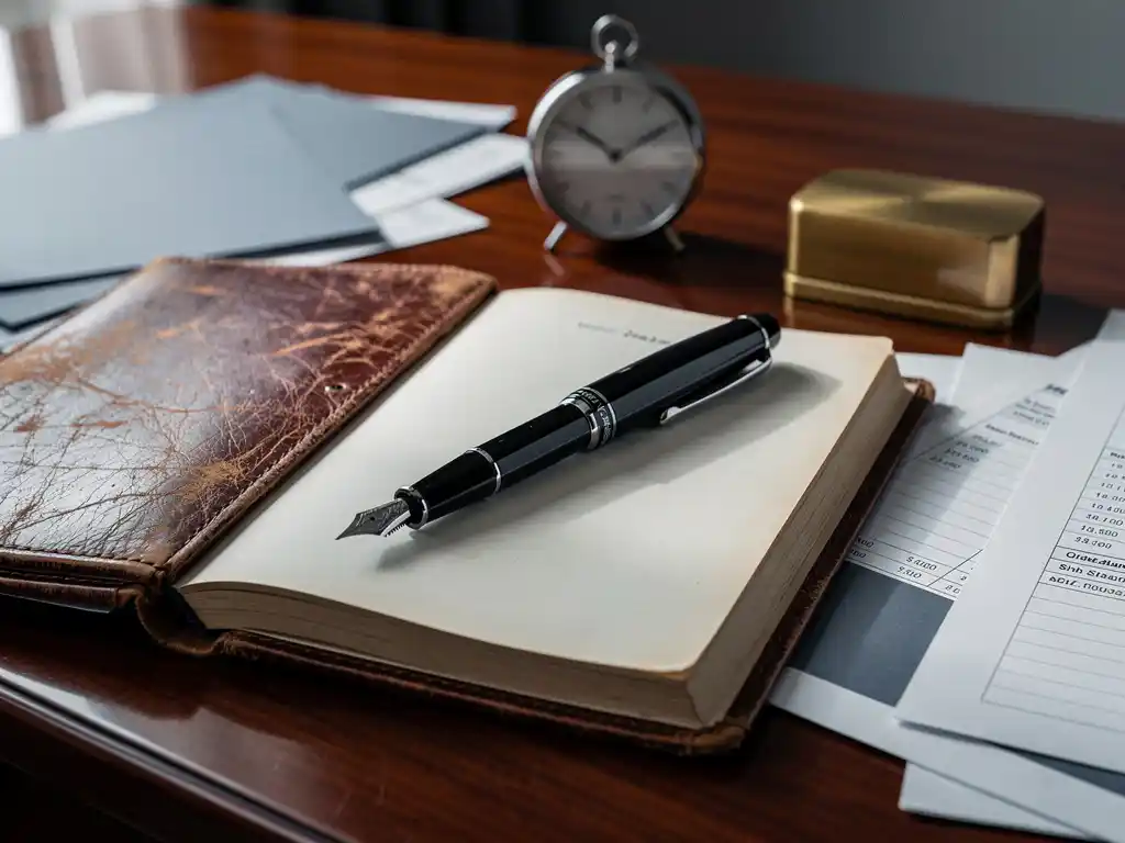 Opengeslagen leren grootboek op mahonihouten bureau met financiële documenten, vulpen, analoge klok en messing presse-papier.