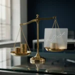 Messing weegschaal op glazen bureau met euromunten tegenover handelsgraaf op bevroren papier, kantooromgeving, gouden en marineblauw.