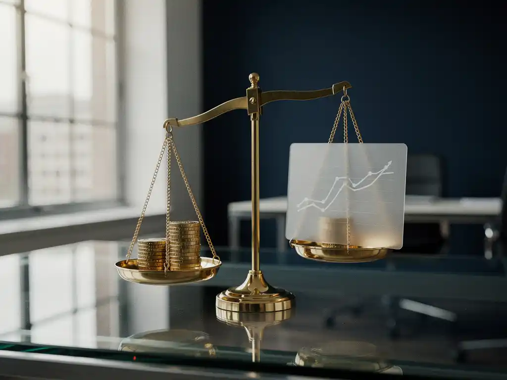 Messing weegschaal op glazen bureau met euromunten tegenover handelsgraaf op bevroren papier, kantooromgeving, gouden en marineblauw.