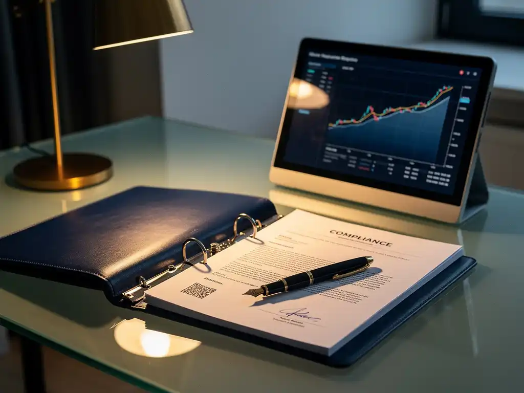 Opengeslagen compliance-ordner in leer naast een handelsscherm met financiële grafieken en officiële regelgevingsdocumenten op een glazen bureau.