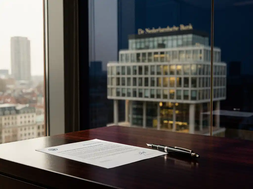De Nederlandsche Bank-gebouw weerspiegeld in glas, met een officieel document en vulpen op een mahonie bureau.