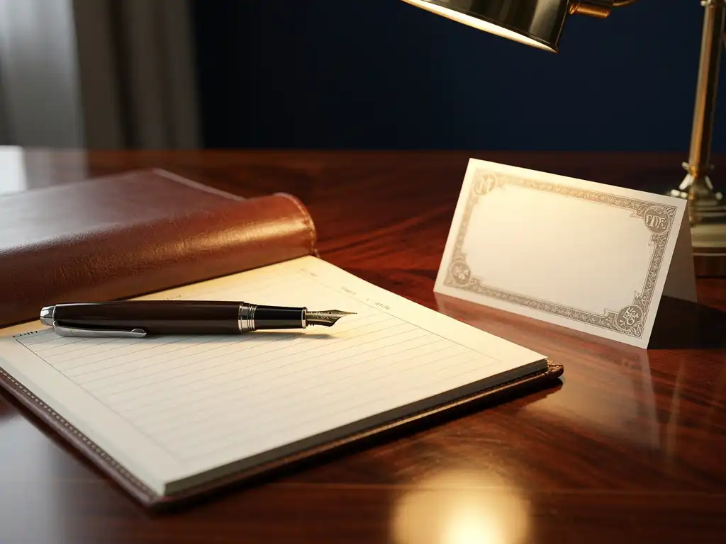 Opengeslagen leren grootboek op mahonie bureau met obligatiecertificaat en vulpen in handtekening, verlicht door amberkleurige bureaulamp.