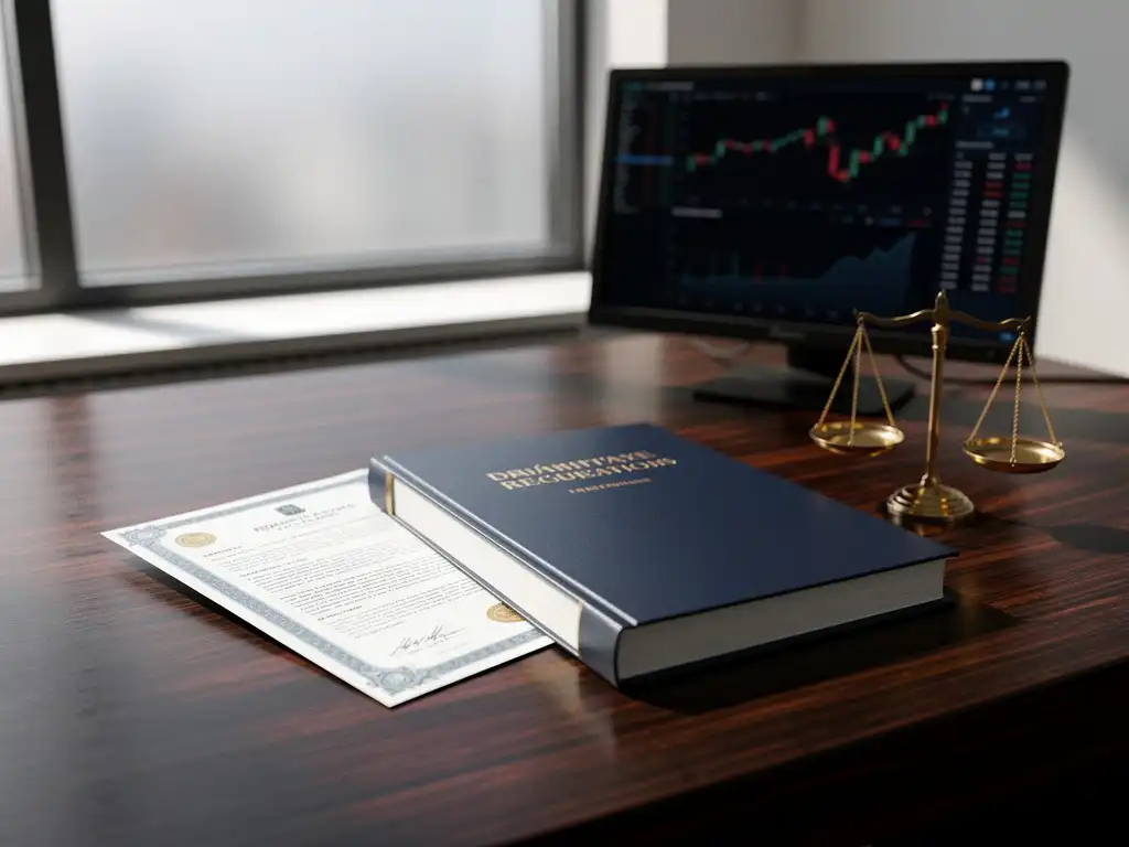 Obligatiecertificaat gedeeltelijk onder Nederlandse belastingregulering op donker eiken bureau, met handelsscherm en messing weegschaal op de achtergrond.