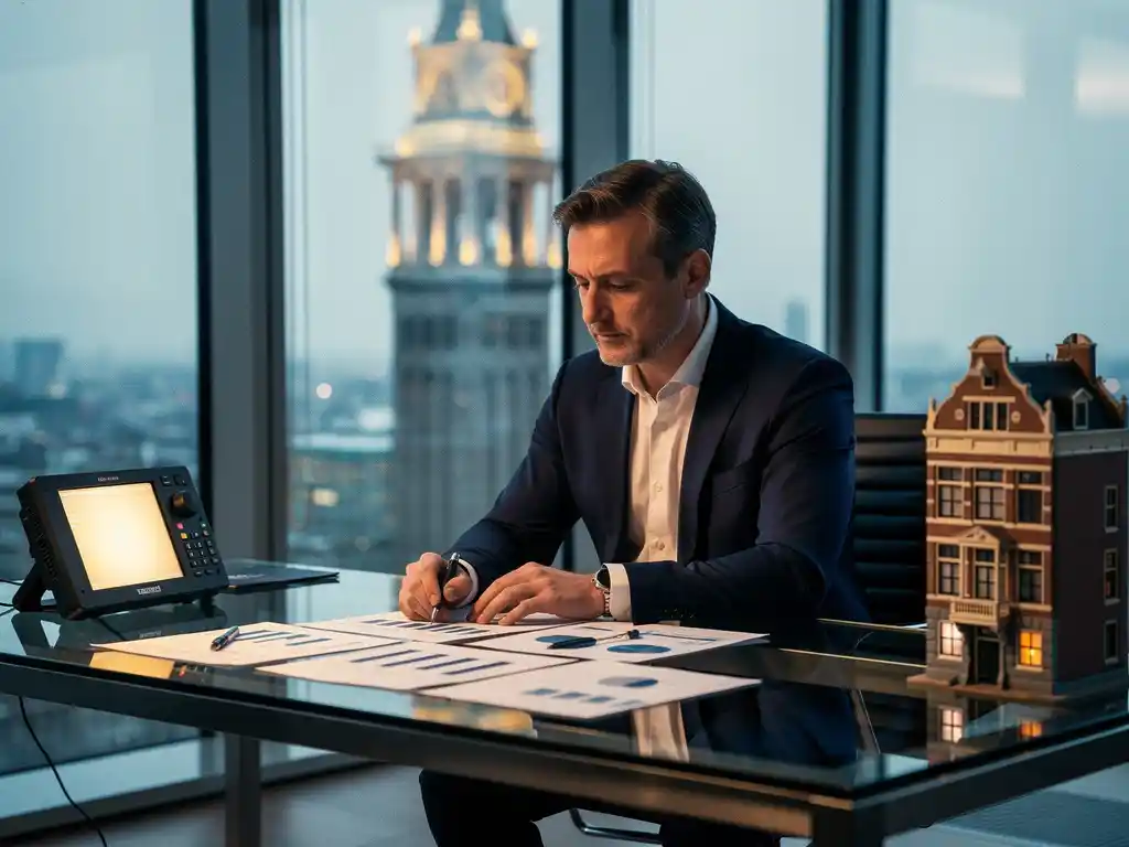 Nederlandse ondernemer in maatpak bekijkt financiële documenten op glazen bureau in Amsterdam, met handelsscherm en grachtenpandmodel.