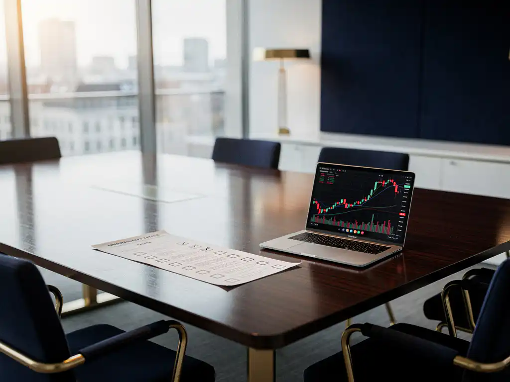Stemformulier en laptop met financiële grafieken op vergadertafel in Nederlandse ondernemingsraad, stadspanorama op achtergrond.
