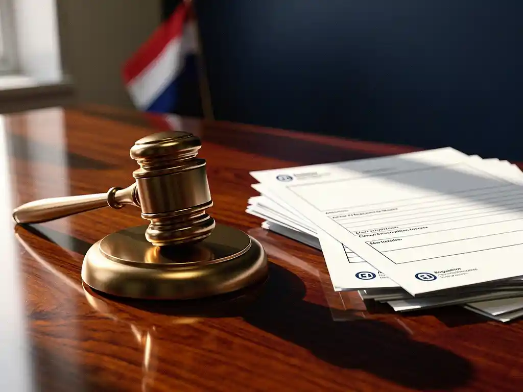 Bronzen rechtershamer op mahonie bureau naast officiële regelgevingsdocumenten, met Nederlandse vlag op de achtergrond.