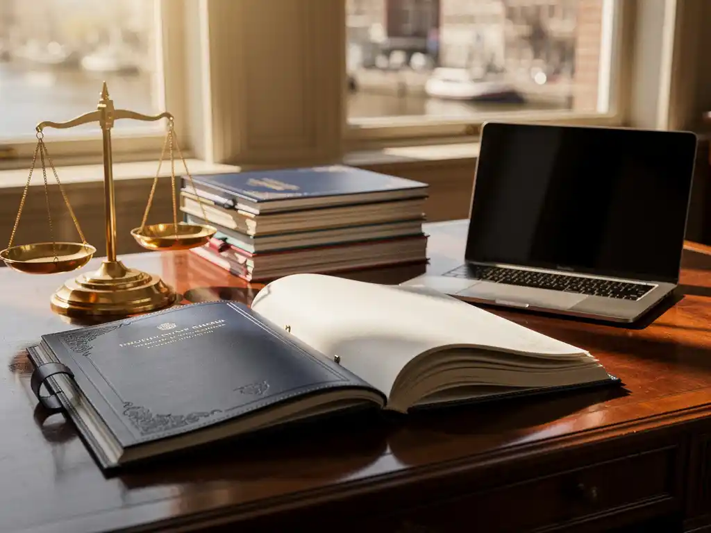 Opengeslagen leren dossier op mahonie bureau met messing weegschaal, compliance-documenten en laptop in warm Amsterdams kantoorlicht.