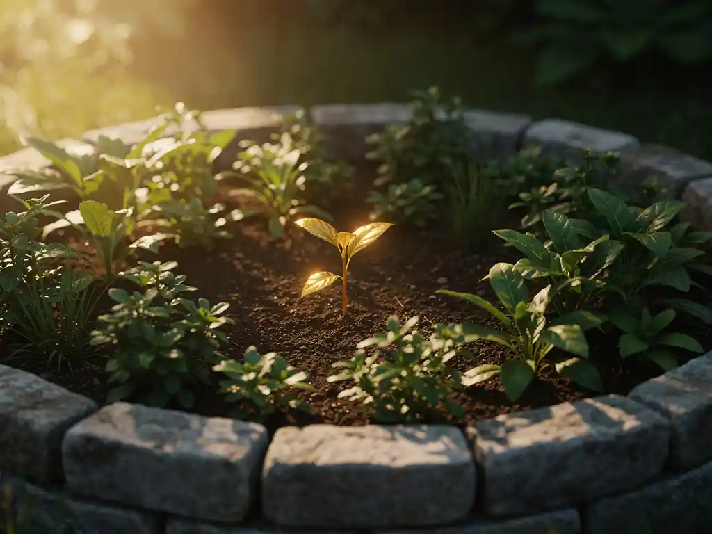 Kleine ronde tuin met weelderige groene planten omgeven door een lage stenen muur, gouden zaailing in het midden, warm middaglicht.