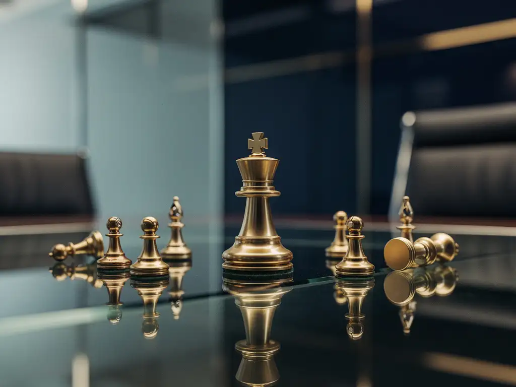 Gouden schaakkoning op glazen vergadertafel, omringd door pionnen die transformeren naar koningen, zachte dieptescherpte.