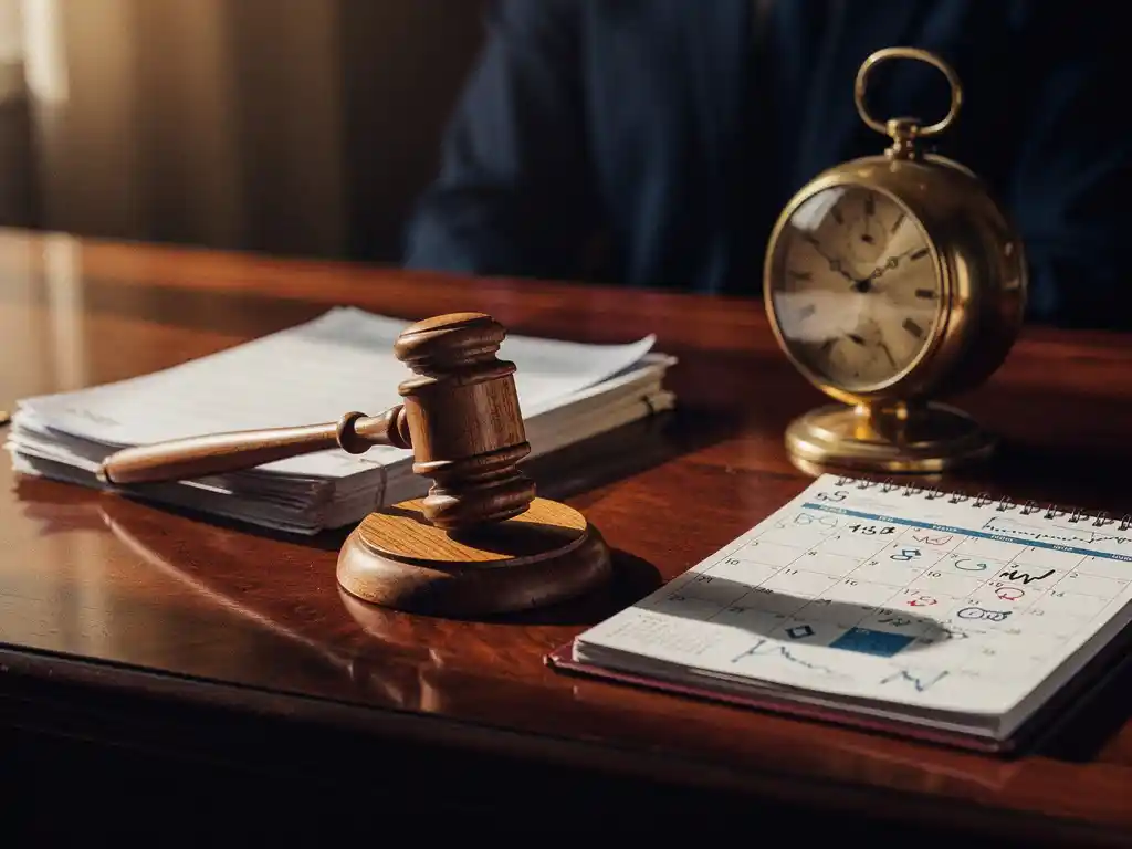 Houten veilinghamer naast financiële documenten, messing klok en kalender met handelsdata op een mahonie bureau.