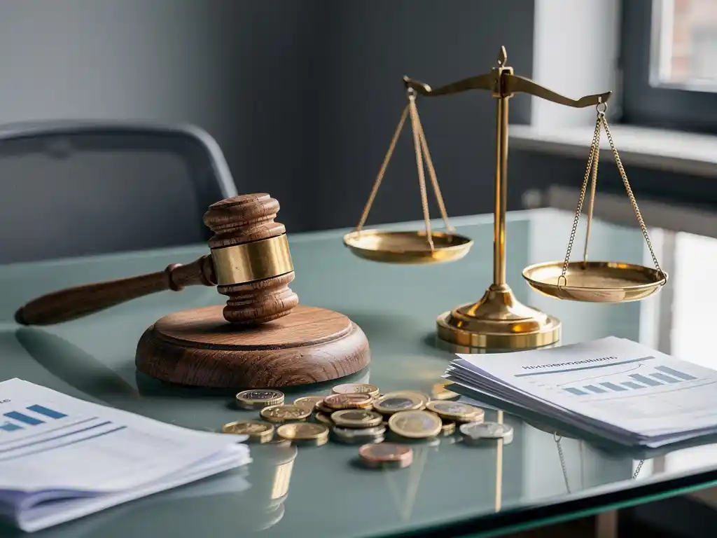 Houten veilinghamer naast een messing weegschaal op glazen bureau, omringd door euromunten en financiële documenten in Nederlands kantoor.