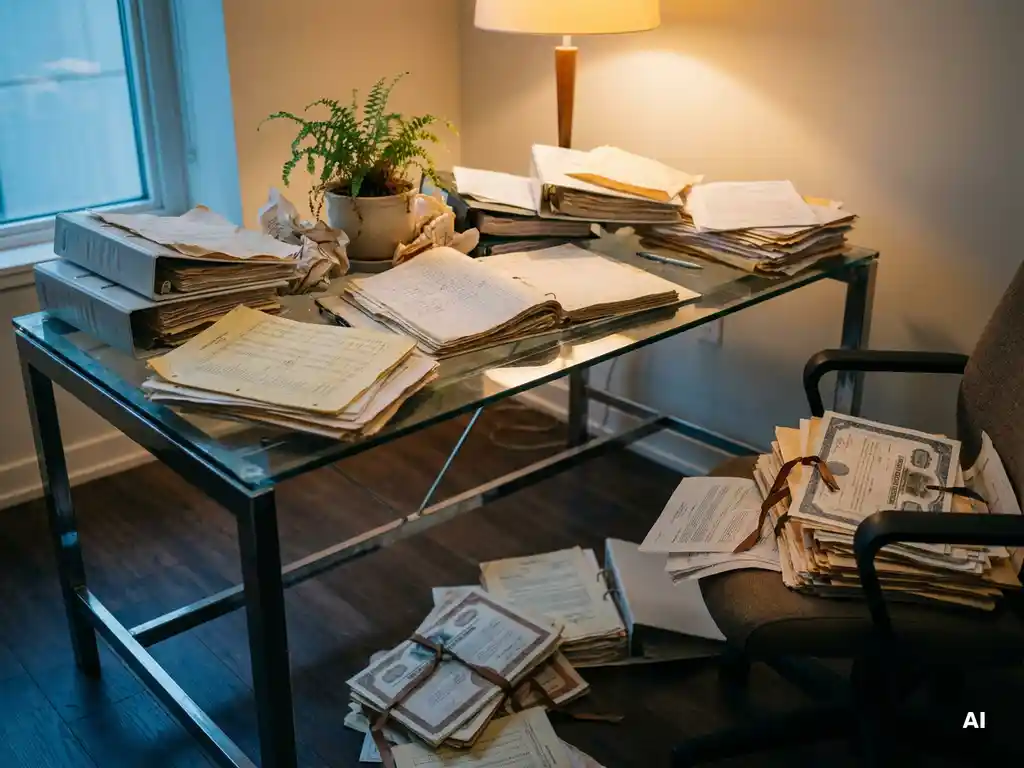 Rommelig bureau met papieren grootboeken, spreadsheets en aandelencertificaten, klein kamerplantje begraven onder administratieve chaos.