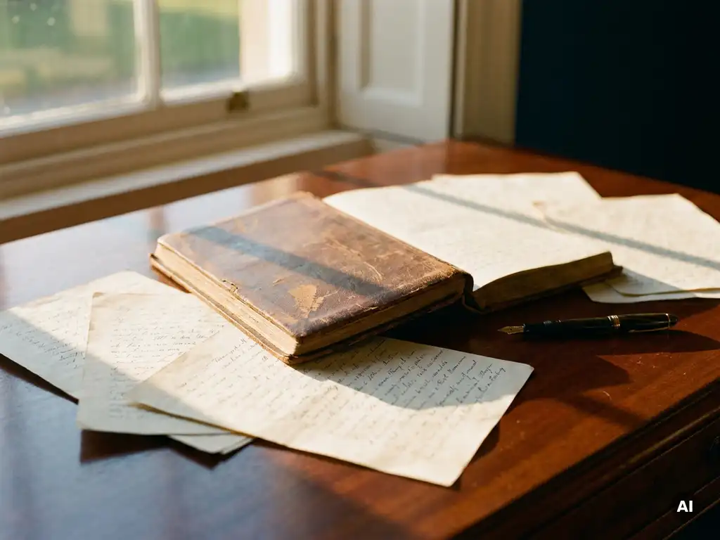 Opengeslagen leren deelnemersregister op mahonie bureau met losliggende pagina's, vulpen en warme middaglichtschaduwen.